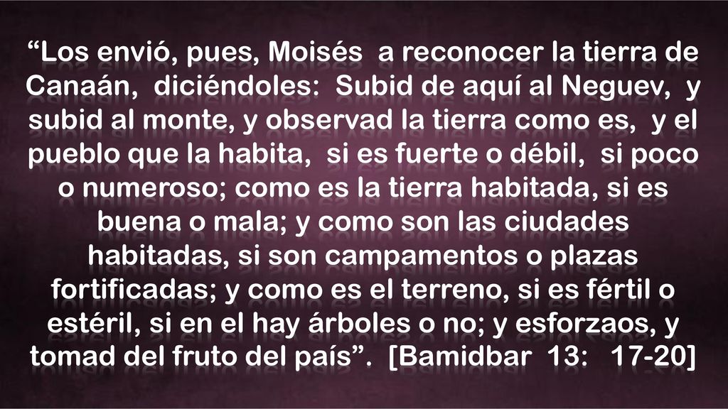 Los envió, pues, Moisés a reconocer la tierra de Canaán, diciéndoles: Subid de aquí al Neguev, y subid al monte, y observad la tierra como es, y el pueblo que la habita, si es fuerte o débil, si poco o numeroso; como es la tierra habitada, si es buena o mala; y como son las ciudades habitadas, si son campamentos o plazas fortificadas; y como es el terreno, si es fértil o estéril, si en el hay árboles o no; y esforzaos, y tomad del fruto del país .