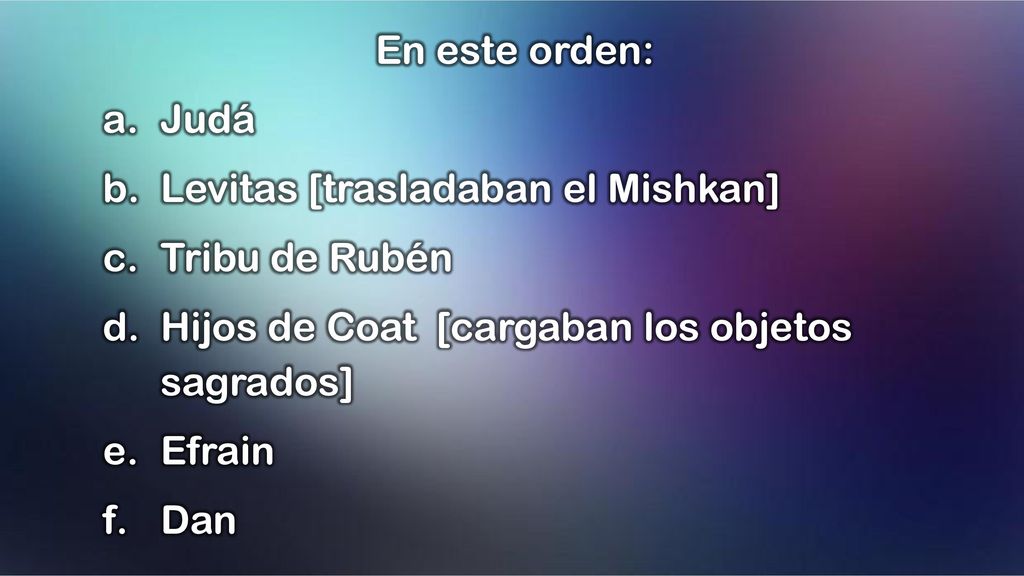 En este orden: Judá. Levitas [trasladaban el Mishkan] Tribu de Rubén. Hijos de Coat [cargaban los objetos sagrados]