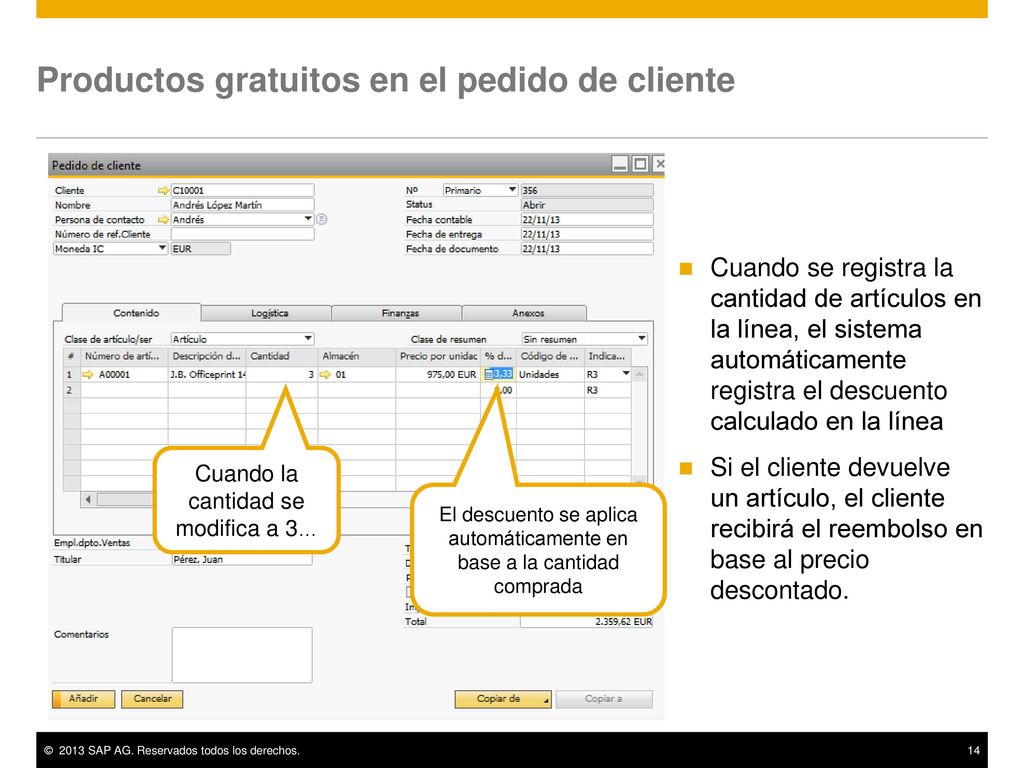 Productos gratuitos en el pedido de cliente