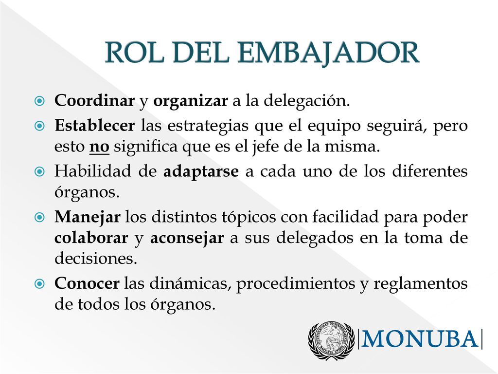 ROL DEL EMBAJADOR Coordinar y organizar a la delegación.
