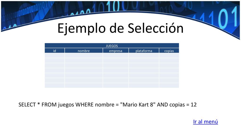 Ejemplo de Selección JUEGOS. id. nombre. empresa. plataforma. copias. SELECT * FROM juegos WHERE nombre = Mario Kart 8 AND copias = 12.