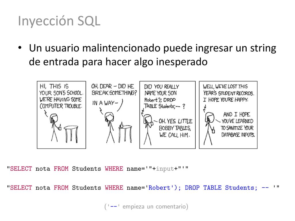 Inyección SQL Un usuario malintencionado puede ingresar un string de entrada para hacer algo inesperado.