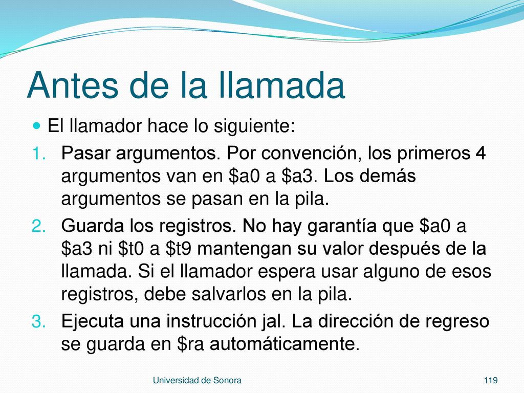 Antes de la llamada El llamador hace lo siguiente: