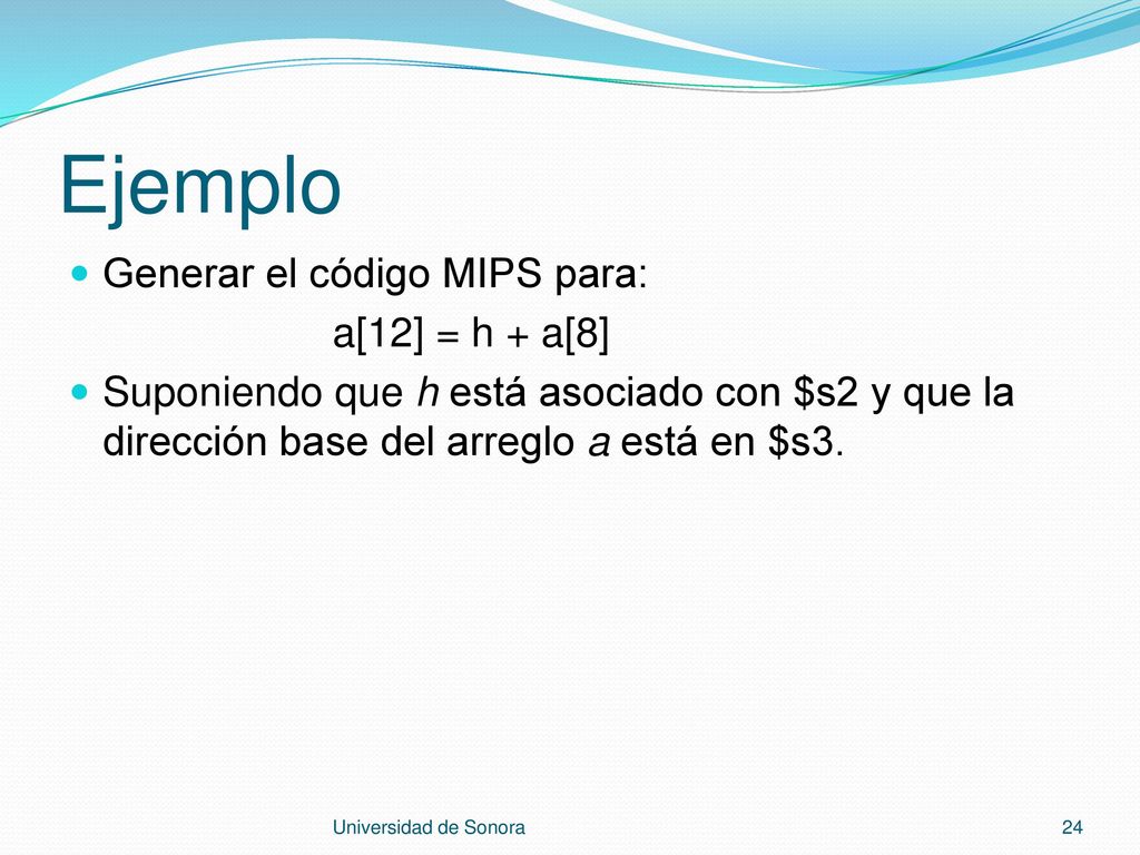 Ejemplo Generar el código MIPS para: a[12] = h + a[8]