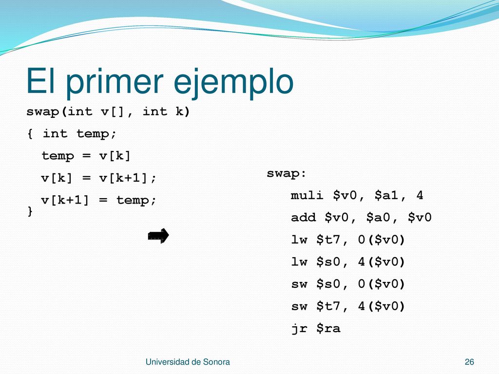 El primer ejemplo swap(int v[], int k) { int temp; temp = v[k] v[k] = v[k+1]; v[k+1] = temp; } swap: