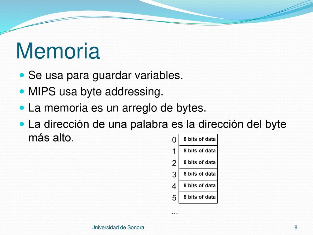 Memoria Se usa para guardar variables. MIPS usa byte addressing.