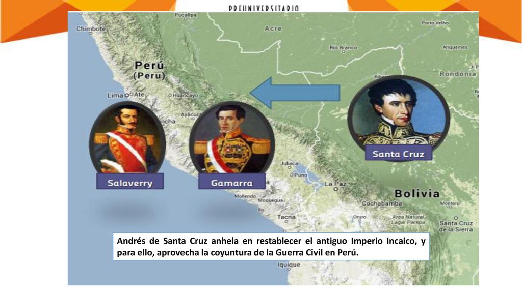 Andrés de Santa Cruz anhela en restablecer el antiguo Imperio Incaico, y para ello, aprovecha la coyuntura de la Guerra Civil en Perú.