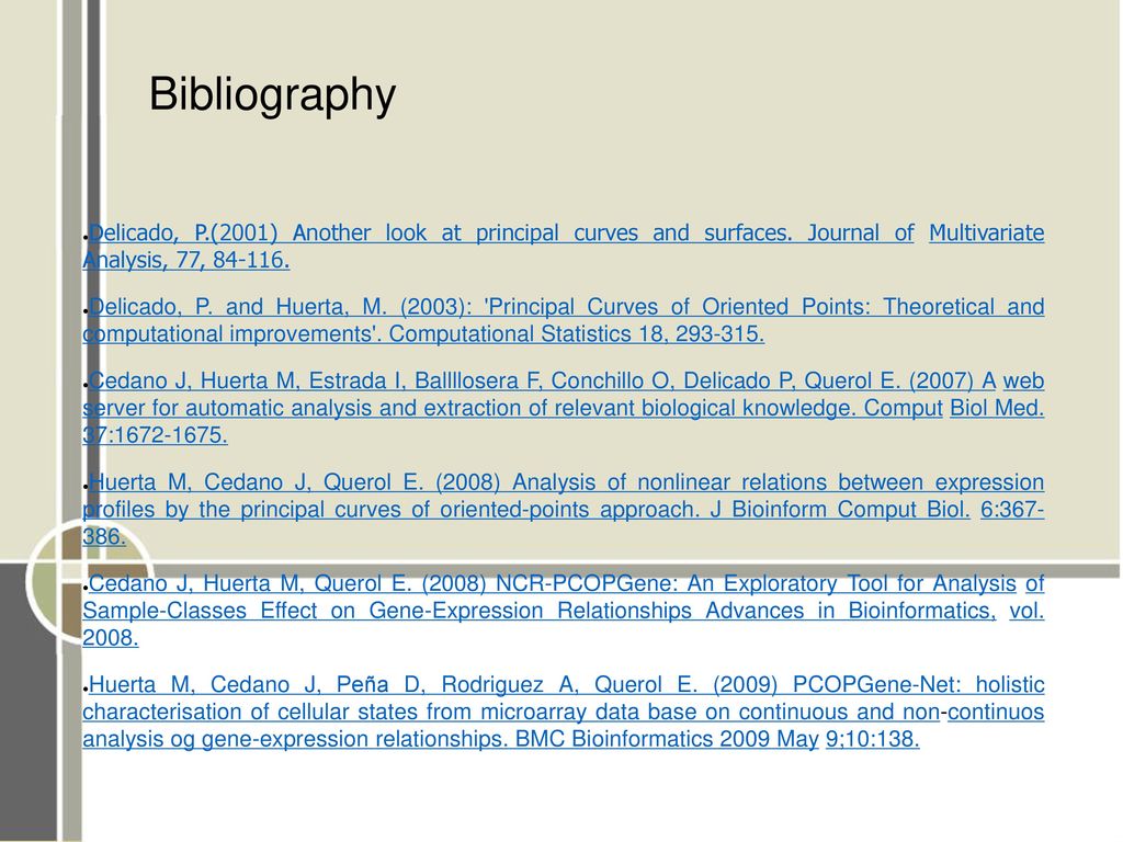 Bibliography Delicado, P.(2001) Another look at principal curves and surfaces. Journal of Multivariate Analysis, 77,