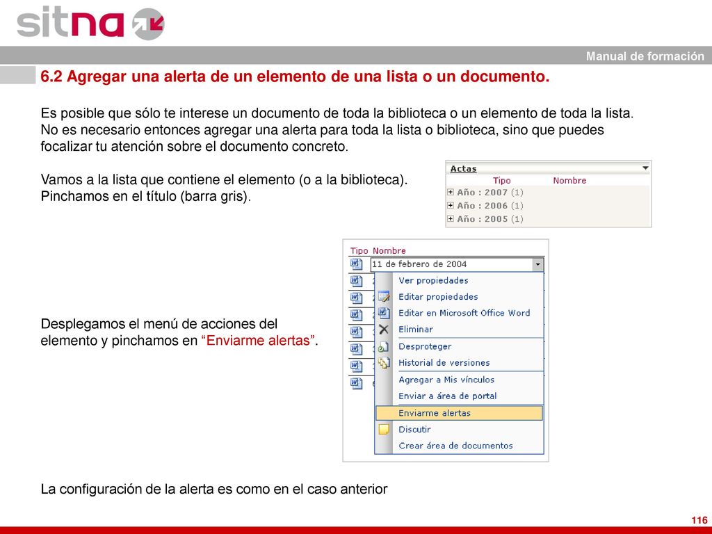 6.2 Agregar una alerta de un elemento de una lista o un documento.