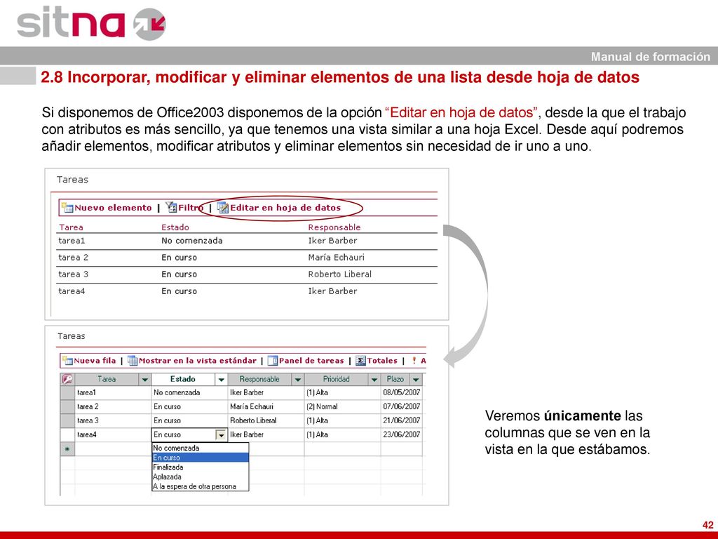 2.8 Incorporar, modificar y eliminar elementos de una lista desde hoja de datos