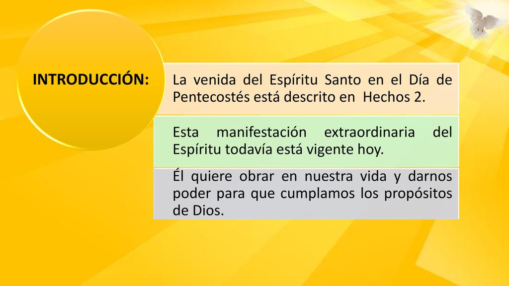 INTRODUCCIÓN: La venida del Espíritu Santo en el Día de Pentecostés está descrito en Hechos 2.