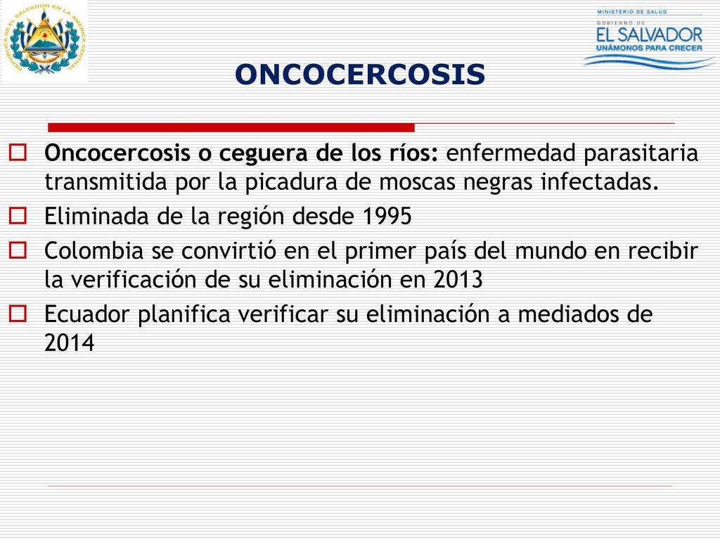 ONCOCERCOSIS Oncocercosis o ceguera de los ríos: enfermedad parasitaria transmitida por la picadura de moscas negras infectadas.