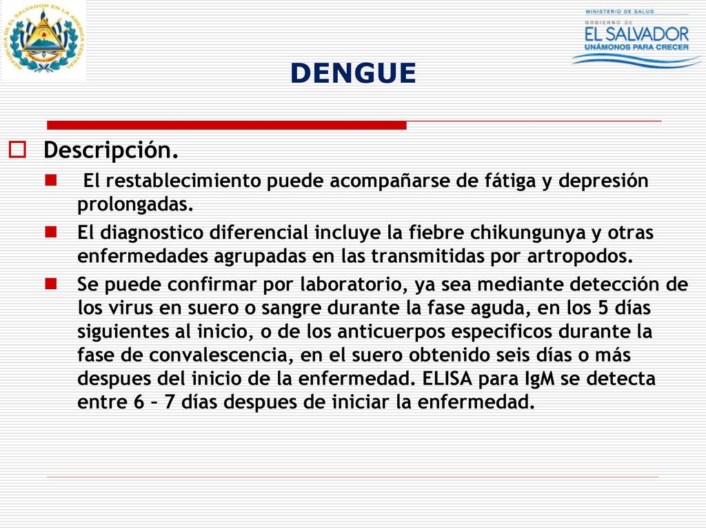 DENGUE Descripción. El restablecimiento puede acompañarse de fátiga y depresión prolongadas.