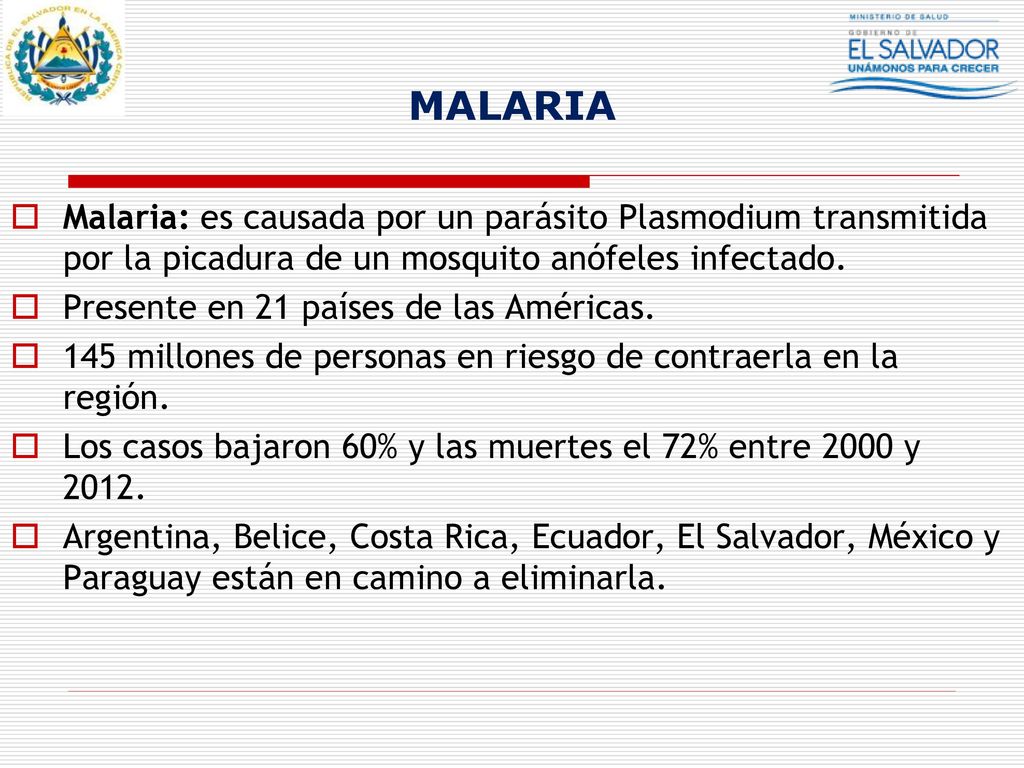MALARIA Malaria: es causada por un parásito Plasmodium transmitida por la picadura de un mosquito anófeles infectado.