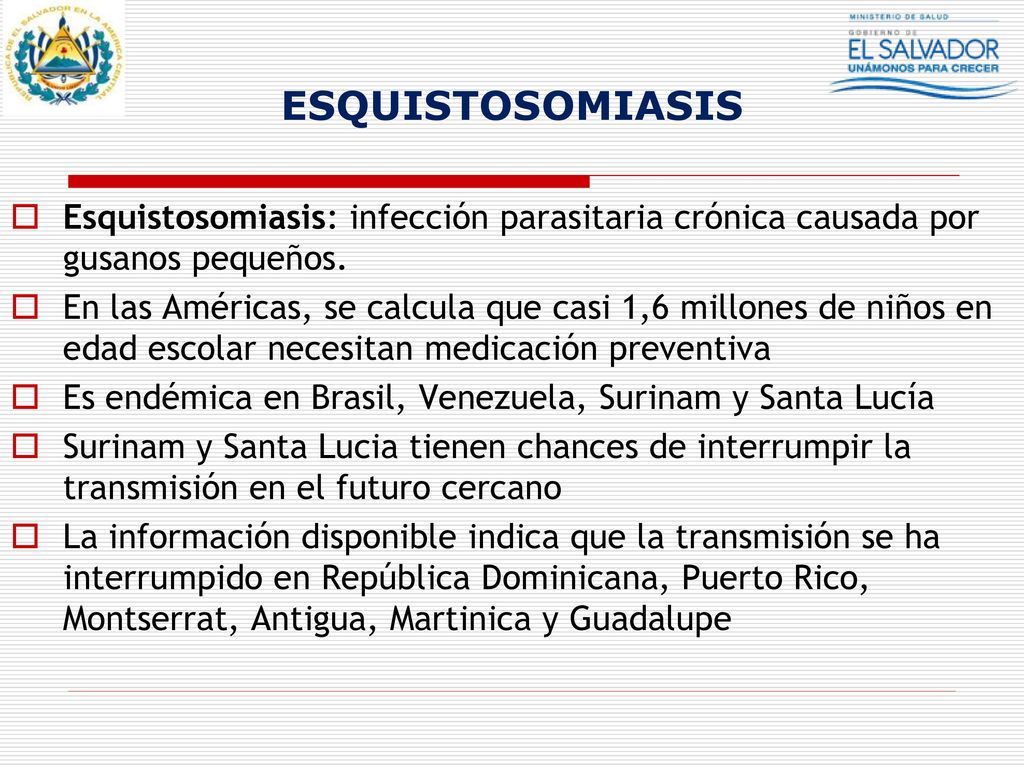 ESQUISTOSOMIASIS Esquistosomiasis: infección parasitaria crónica causada por gusanos pequeños.