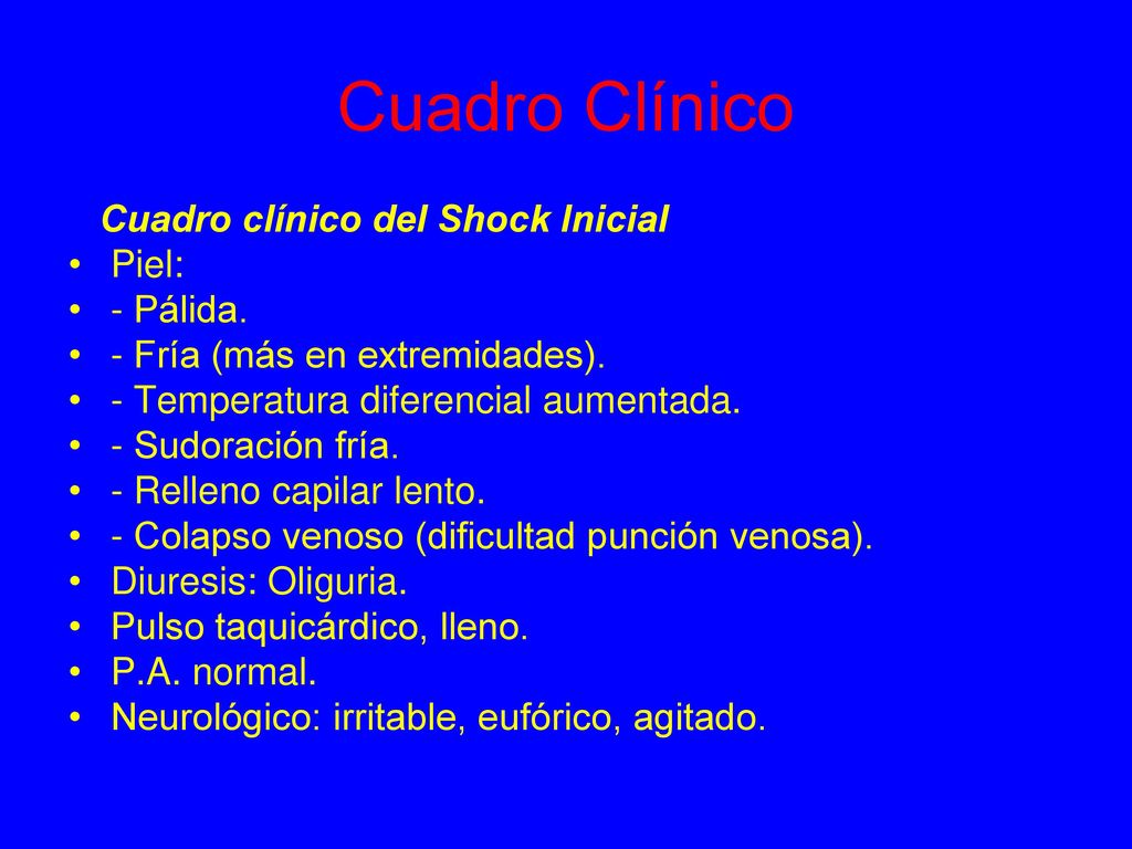 Cuadro Clínico Cuadro clínico del Shock Inicial Piel: - Pálida.