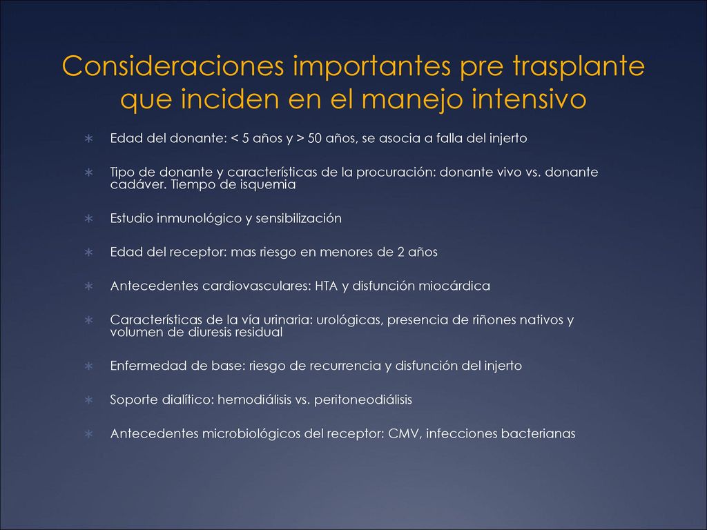 Consideraciones importantes pre trasplante que inciden en el manejo intensivo
