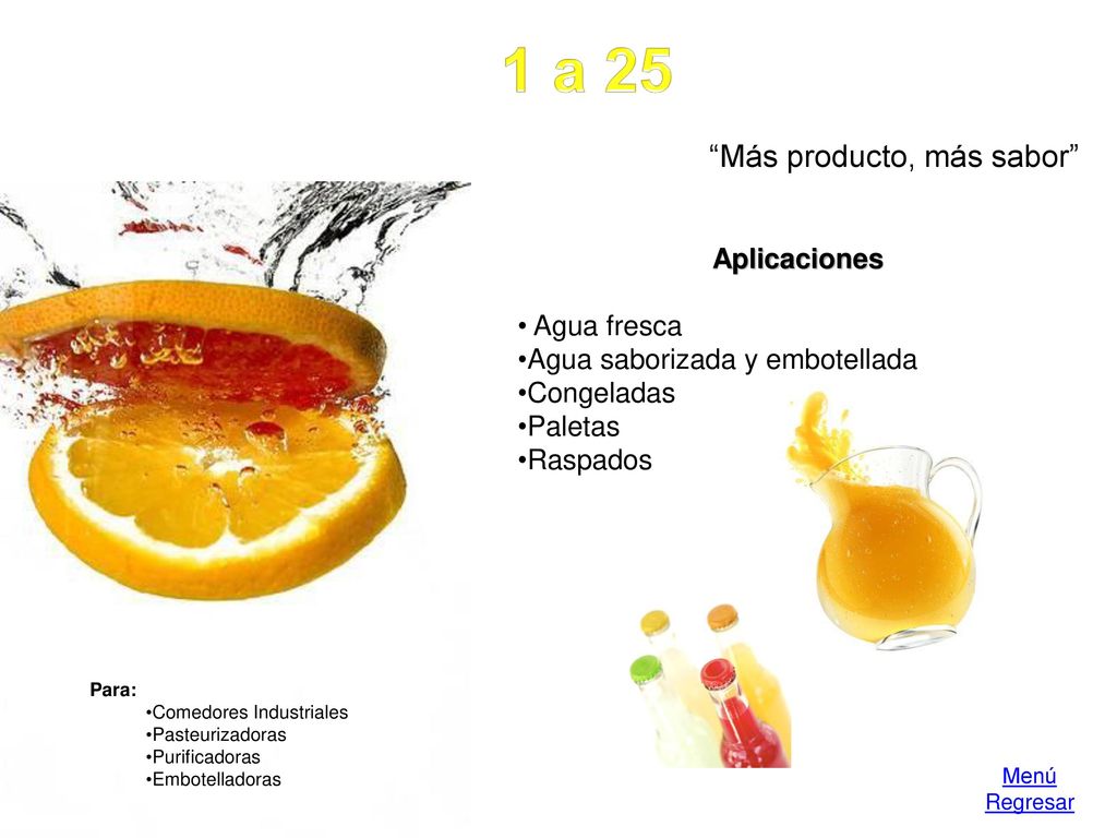1 a 25 Más producto, más sabor Aplicaciones Agua fresca