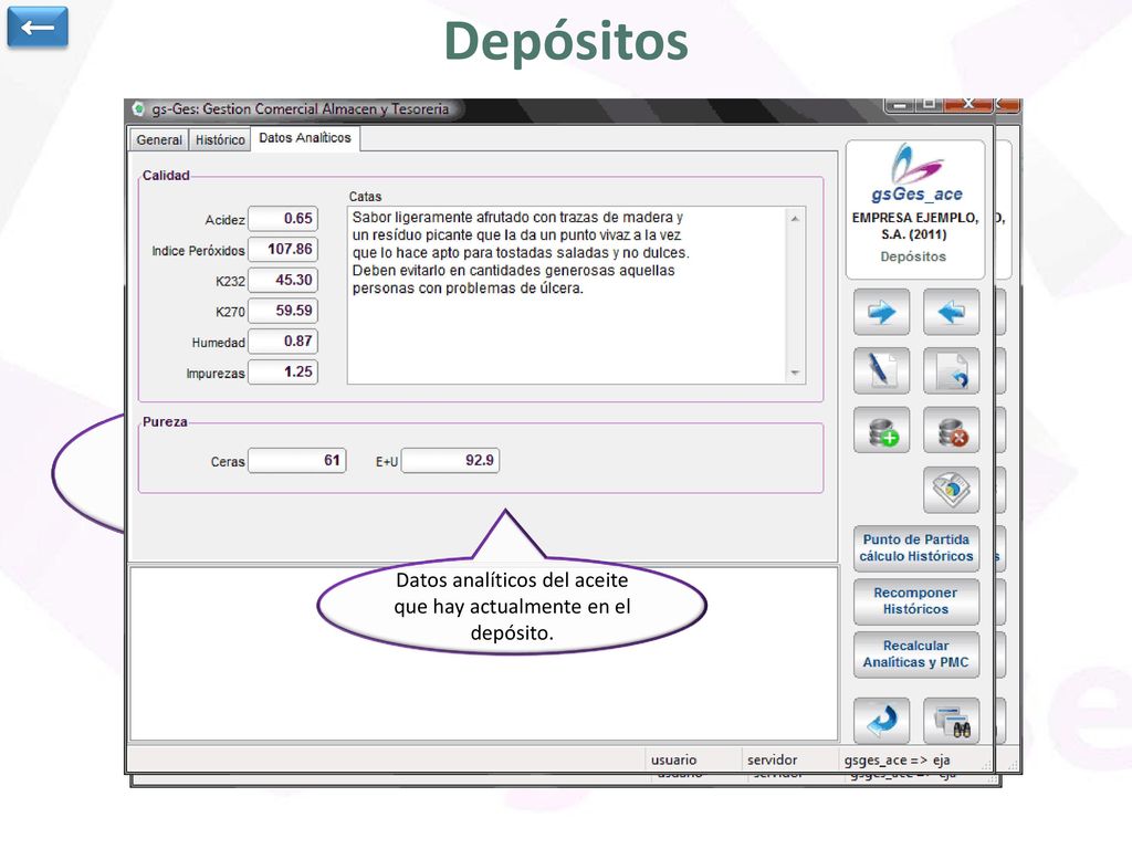 ← Depósitos. Datos generales del depósito y bodega en la que se encuentra. Histórico de entradas y salidas del depósito.
