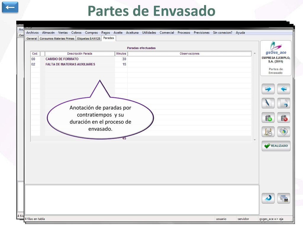 ← Partes de Envasado. Artículo que se va a producir, días de caducidad y perfil.