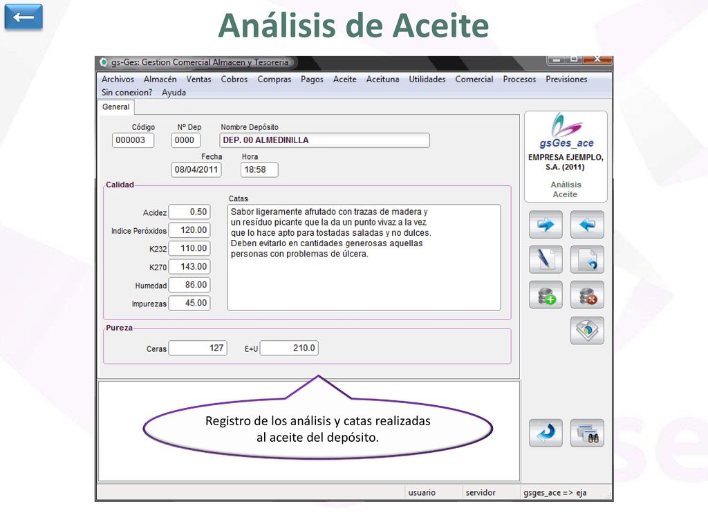 Registro de los análisis y catas realizadas al aceite del depósito.