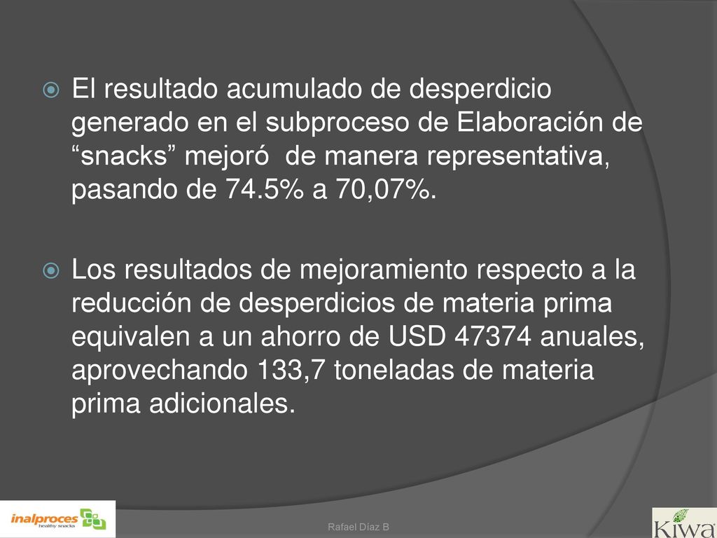 El resultado acumulado de desperdicio generado en el subproceso de Elaboración de snacks mejoró de manera representativa, pasando de 74.5% a 70,07%.