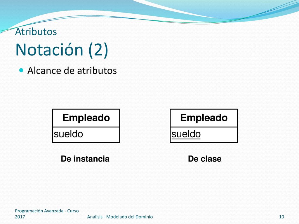 Atributos Notación (2) Alcance de atributos De instancia De clase