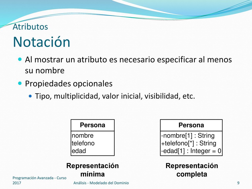 Atributos Notación Al mostrar un atributo es necesario especificar al menos su nombre. Propiedades opcionales.