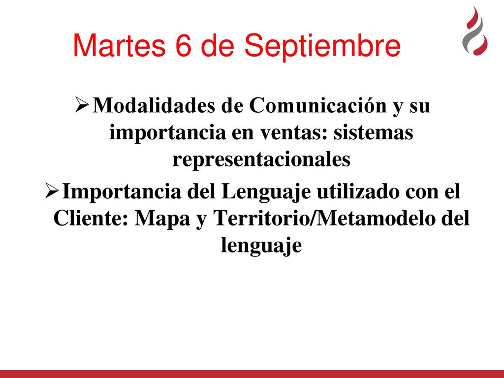 Martes 6 de Septiembre Modalidades de Comunicación y su importancia en ventas: sistemas representacionales.