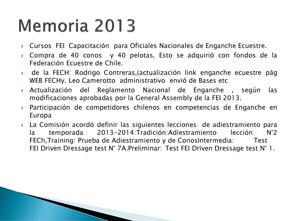 Memoria 2013 Cursos FEI Capacitación para Oficiales Nacionales de Enganche Ecuestre.
