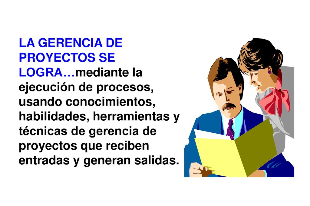 LA GERENCIA DE PROYECTOS SE LOGRA…mediante la ejecución de procesos, usando conocimientos, habilidades, herramientas y técnicas de gerencia de proyectos que reciben entradas y generan salidas.