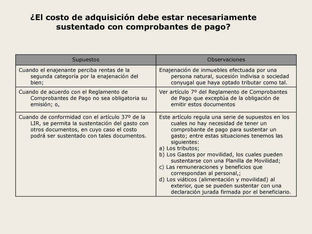 ¿El costo de adquisición debe estar necesariamente sustentado con comprobantes de pago