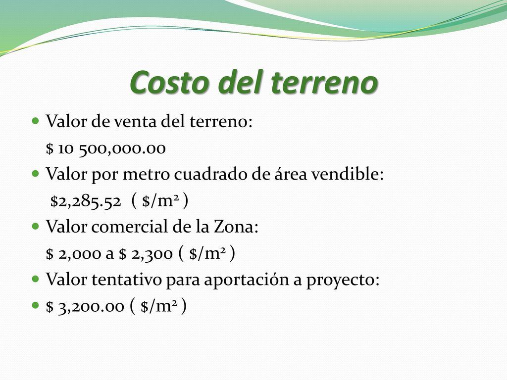 Costo del terreno Valor de venta del terreno: $ ,000.00