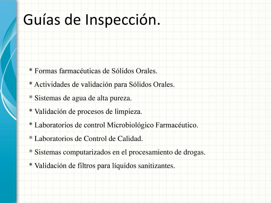 Guías de Inspección. * Formas farmacéuticas de Sólidos Orales.