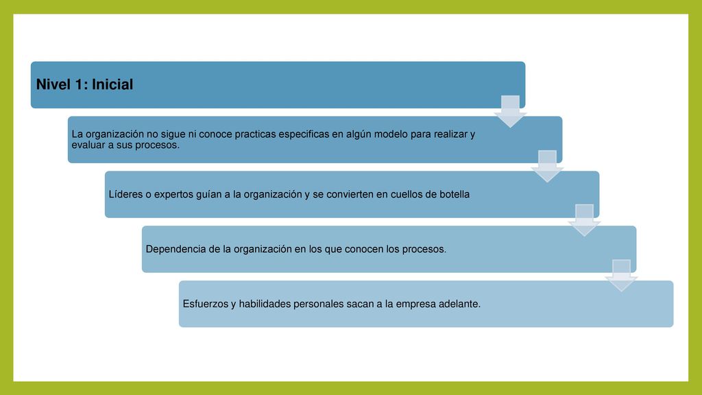 Nivel 1: Inicial La organización no sigue ni conoce practicas especificas en algún modelo para realizar y evaluar a sus procesos.