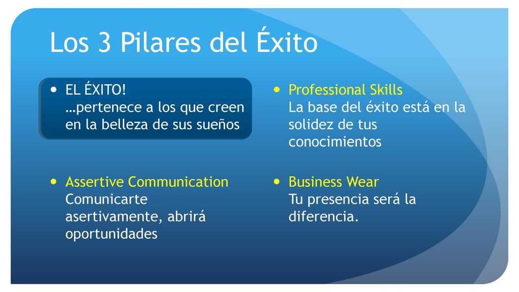 Los 3 Pilares del Éxito EL ÉXITO! …pertenece a los que creen en la belleza de sus sueños.