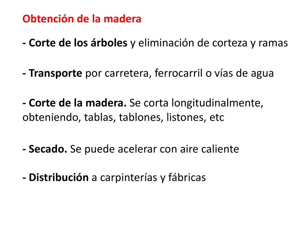 Obtención de la madera - Corte de los árboles y eliminación de corteza y ramas. - Transporte por carretera, ferrocarril o vías de agua.