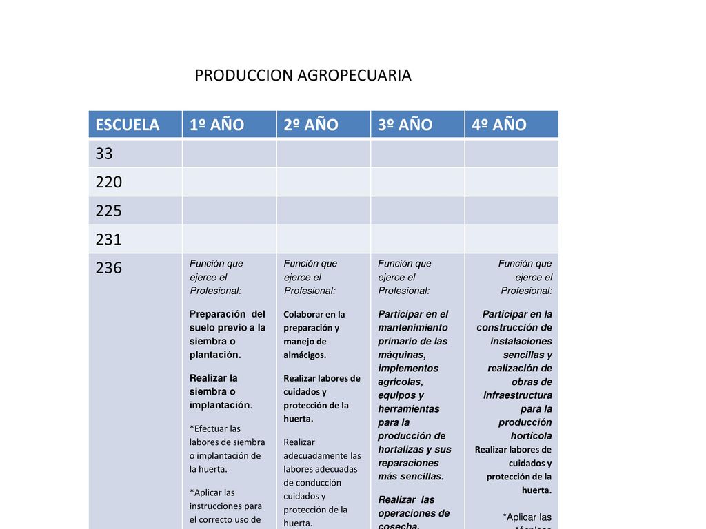 PRODUCCION AGROPECUARIA ESCUELA 1º AÑO 2º AÑO 3º AÑO 4º AÑO