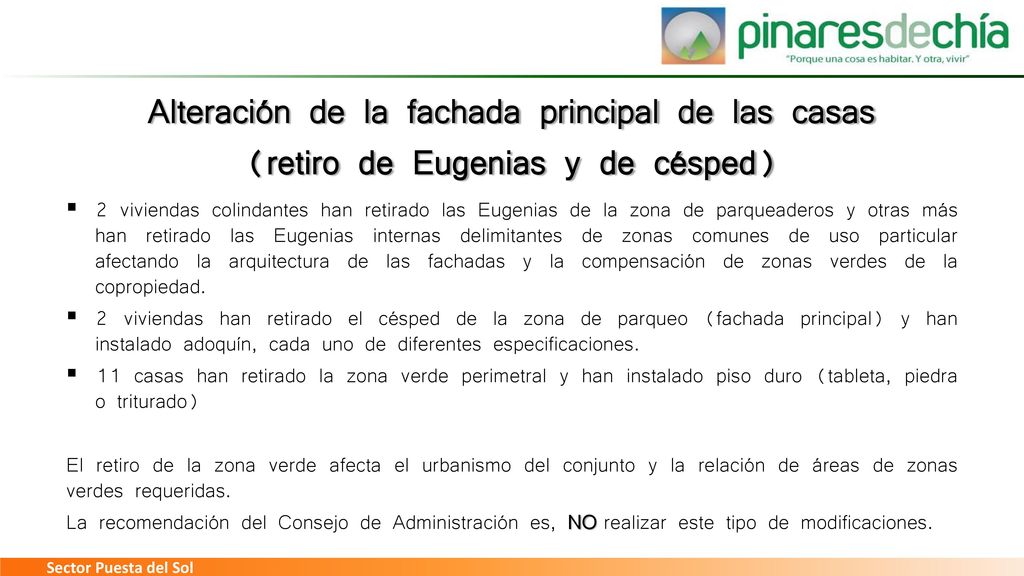 Alteración de la fachada principal de las casas (retiro de Eugenias y de césped)