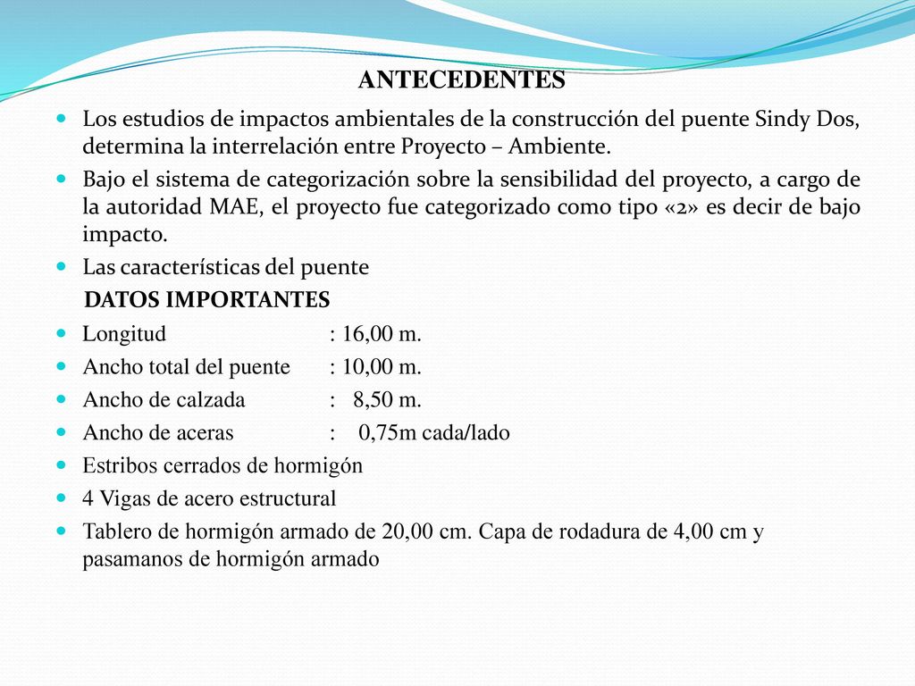 ANTECEDENTES Los estudios de impactos ambientales de la construcción del puente Sindy Dos, determina la interrelación entre Proyecto – Ambiente.