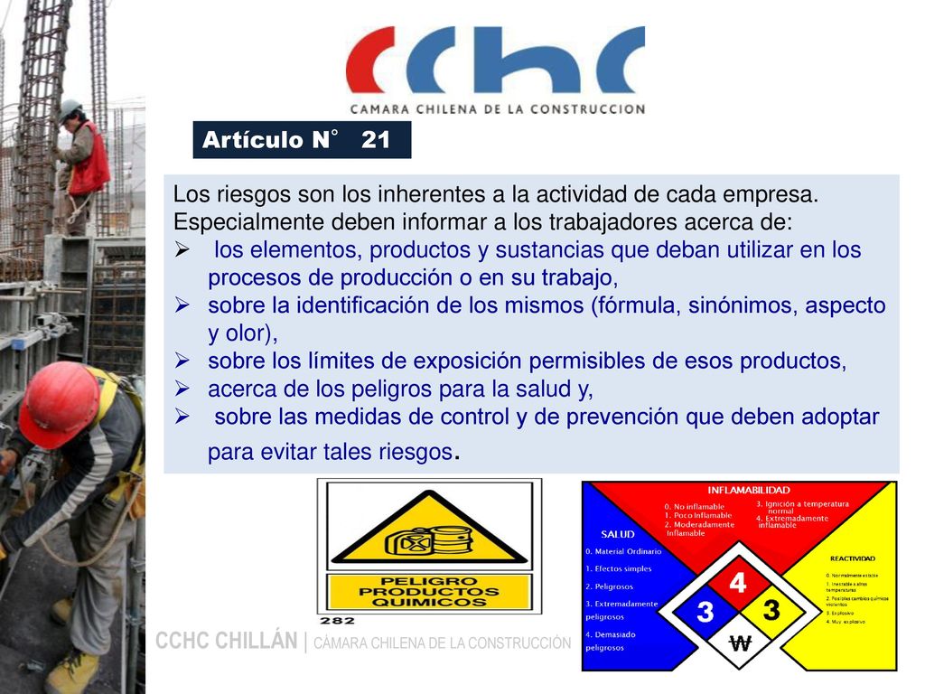 Artículo N° 21 Los riesgos son los inherentes a la actividad de cada empresa. Especialmente deben informar a los trabajadores acerca de:
