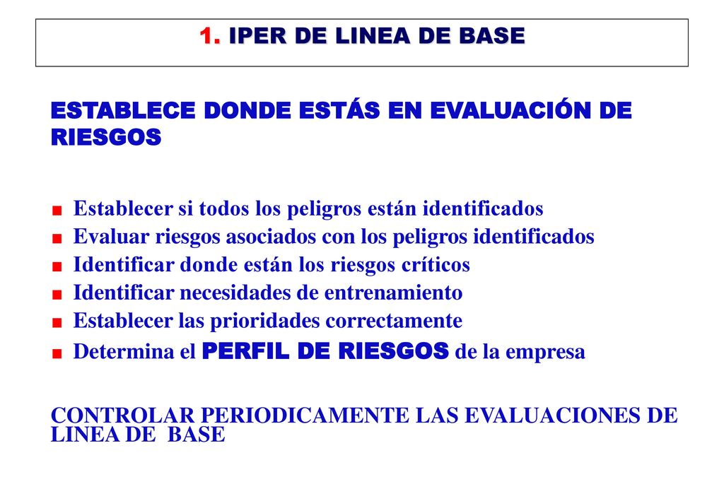 1. IPER DE LINEA DE BASE ESTABLECE DONDE ESTÁS EN EVALUACIÓN DE RIESGOS. Establecer si todos los peligros están identificados.