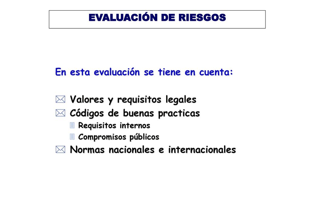 En esta evaluación se tiene en cuenta: Valores y requisitos legales