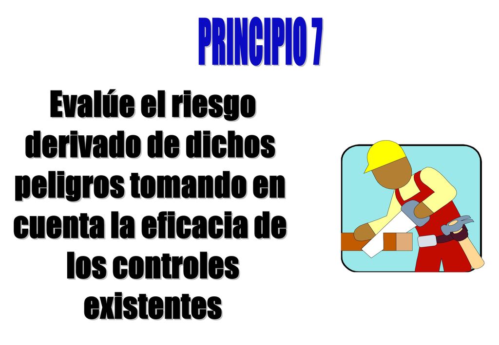PRINCIPIO 7 Evalúe el riesgo. derivado de dichos. peligros tomando en. cuenta la eficacia de. los controles.
