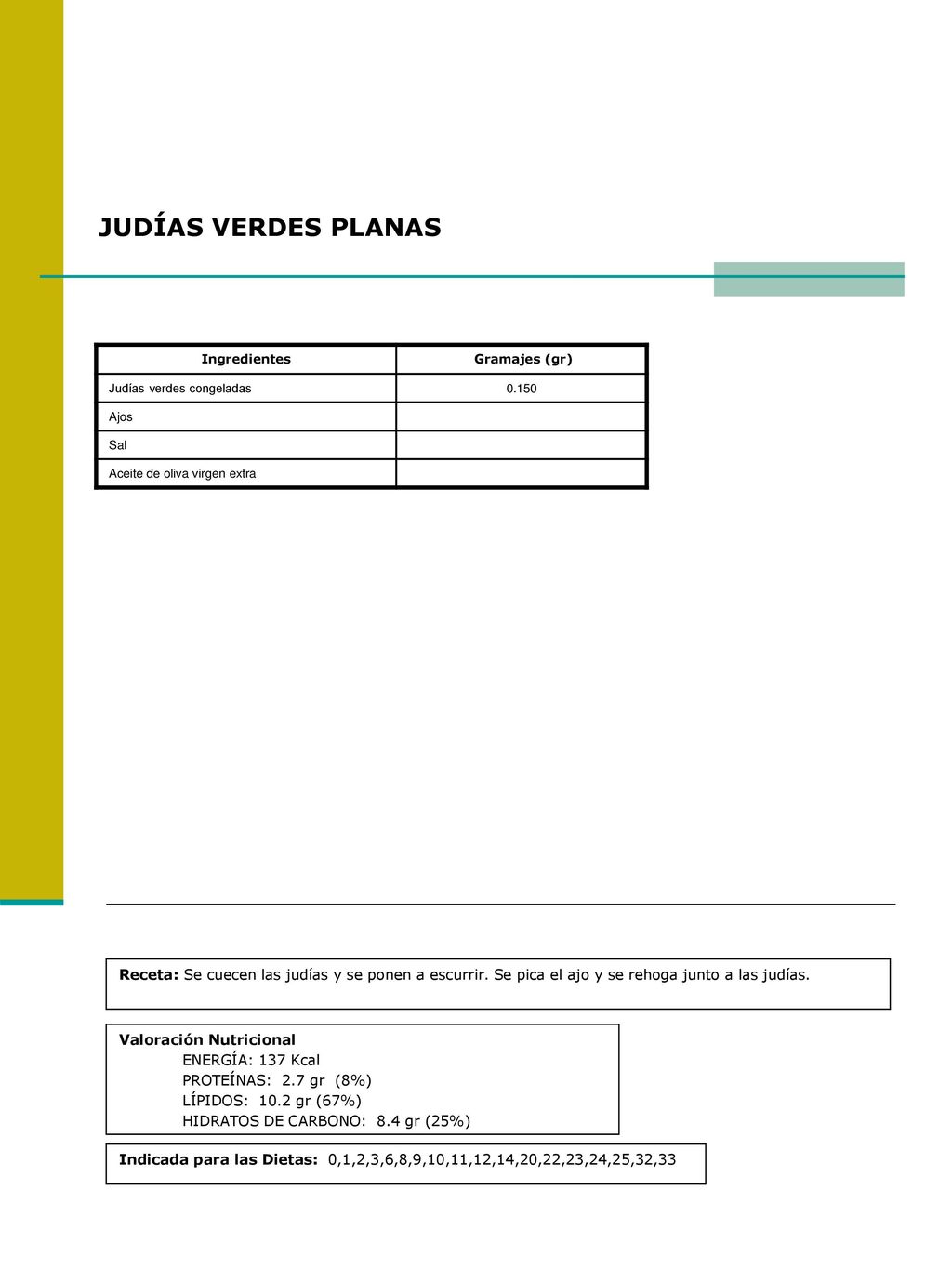 JUDÍAS VERDES PLANAS Ingredientes. Gramajes (gr) Judías verdes congeladas Ajos. Sal. Aceite de oliva virgen extra.