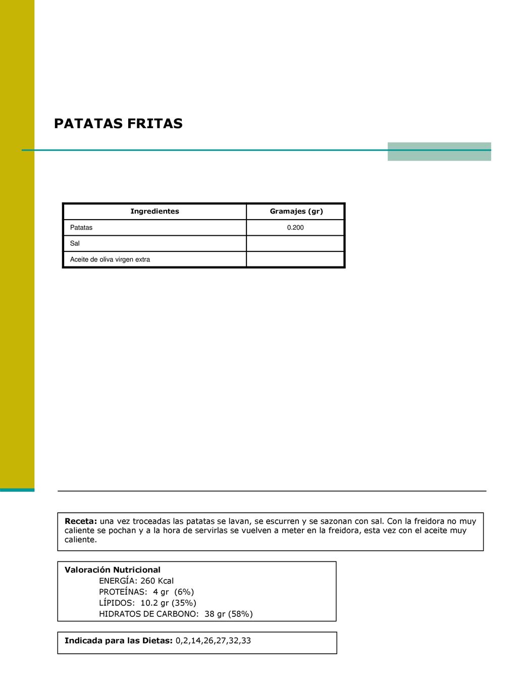 PATATAS FRITAS Ingredientes. Gramajes (gr) Patatas Sal. Aceite de oliva virgen extra.