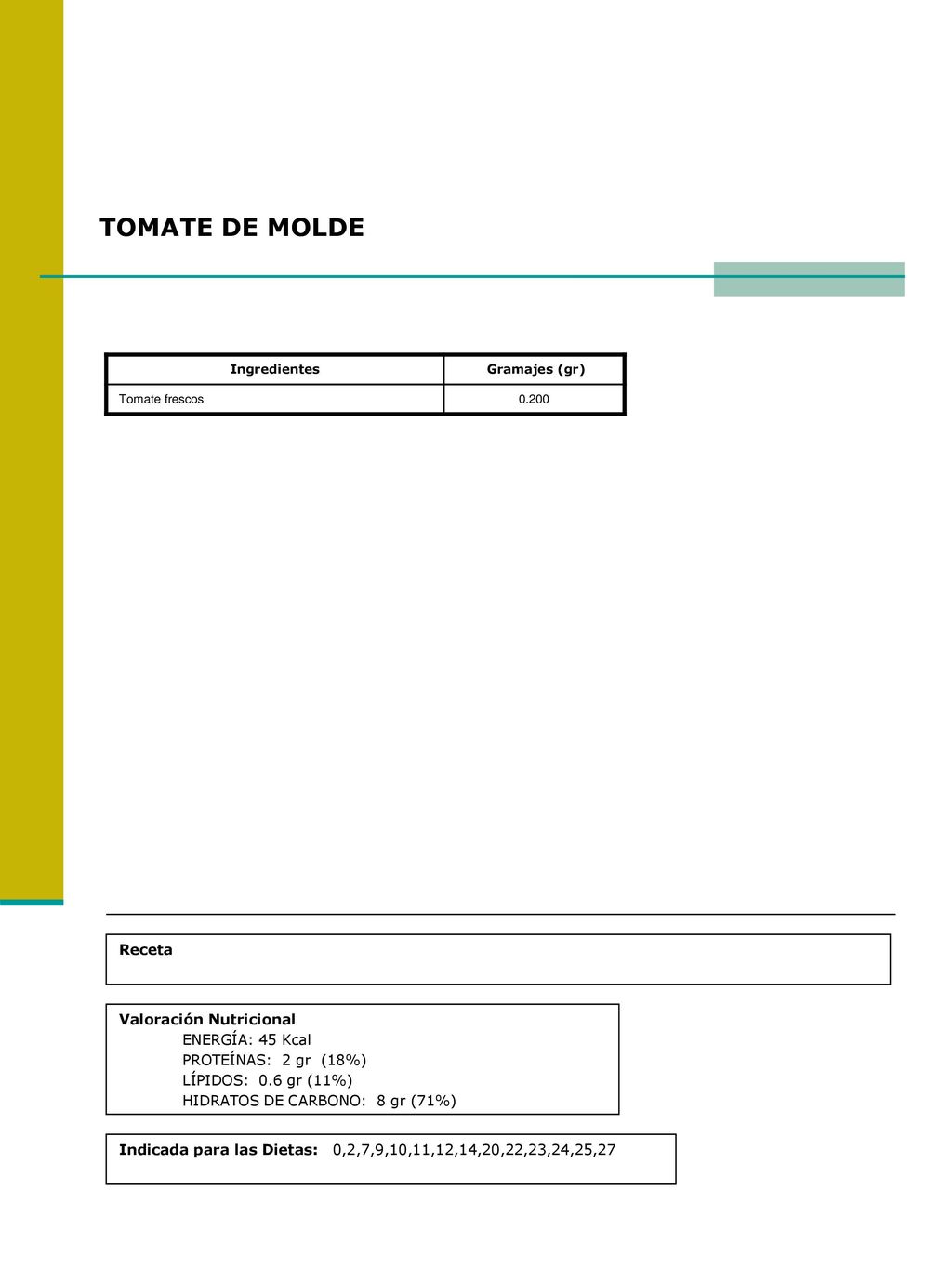 TOMATE DE MOLDE Receta Valoración Nutricional ENERGÍA: 45 Kcal