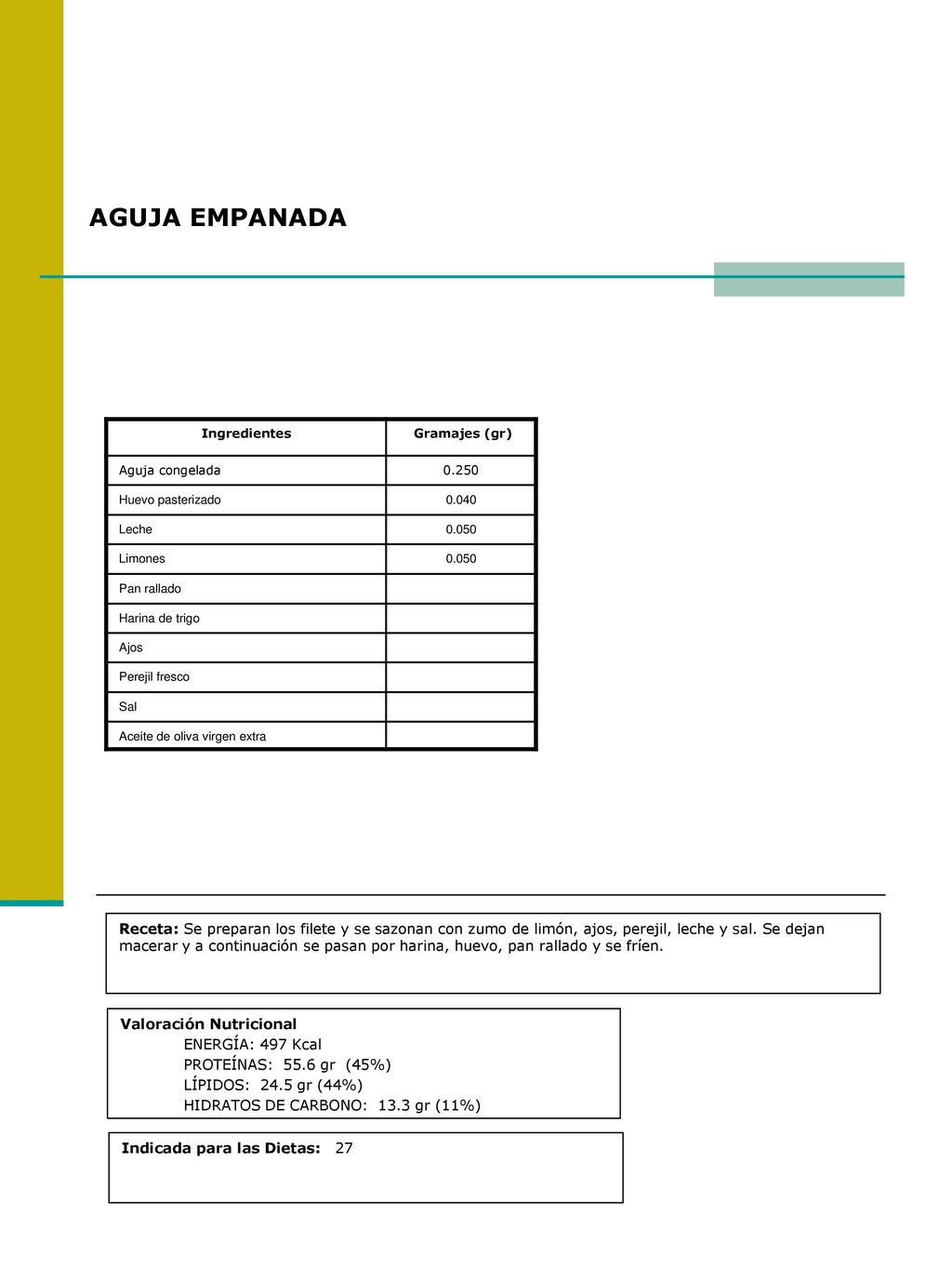 AGUJA EMPANADA Ingredientes. Gramajes (gr) Aguja congelada Huevo pasterizado Leche.