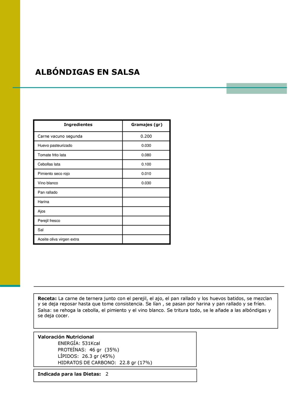 ALBÓNDIGAS EN SALSA Ingredientes. Gramajes (gr) Carne vacuno segunda Huevo pasteurizado.