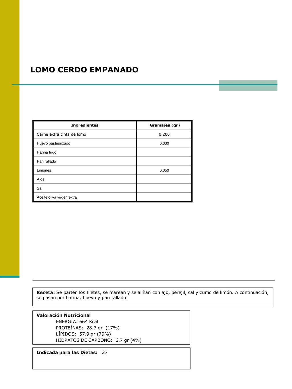 LOMO CERDO EMPANADO Ingredientes. Gramajes (gr) Carne extra cinta de lomo Huevo pasteurizado.